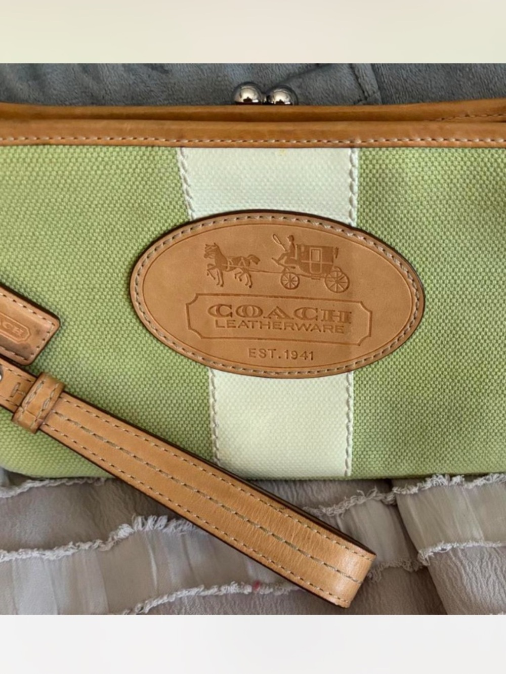 Coach Hamptons Green and Tan Canvas Wristlet with Leather Trim